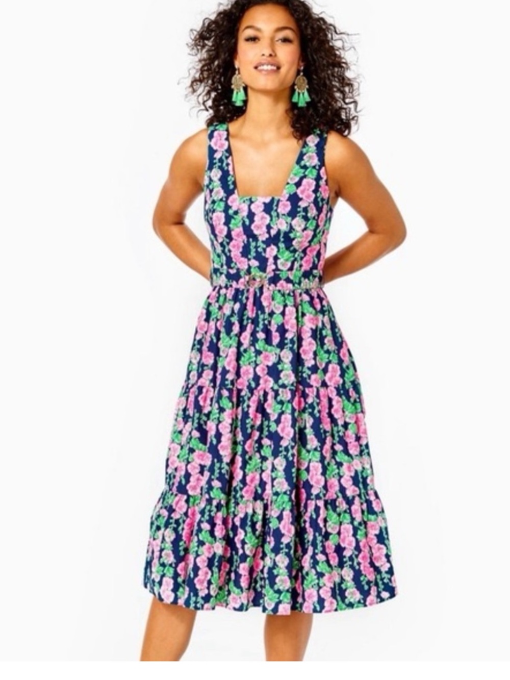 Last drop ⬇️🚚Lilly Pulitzer McKinnon Dress Navy Pink Floral Midi Dress - Picture 7 of 7